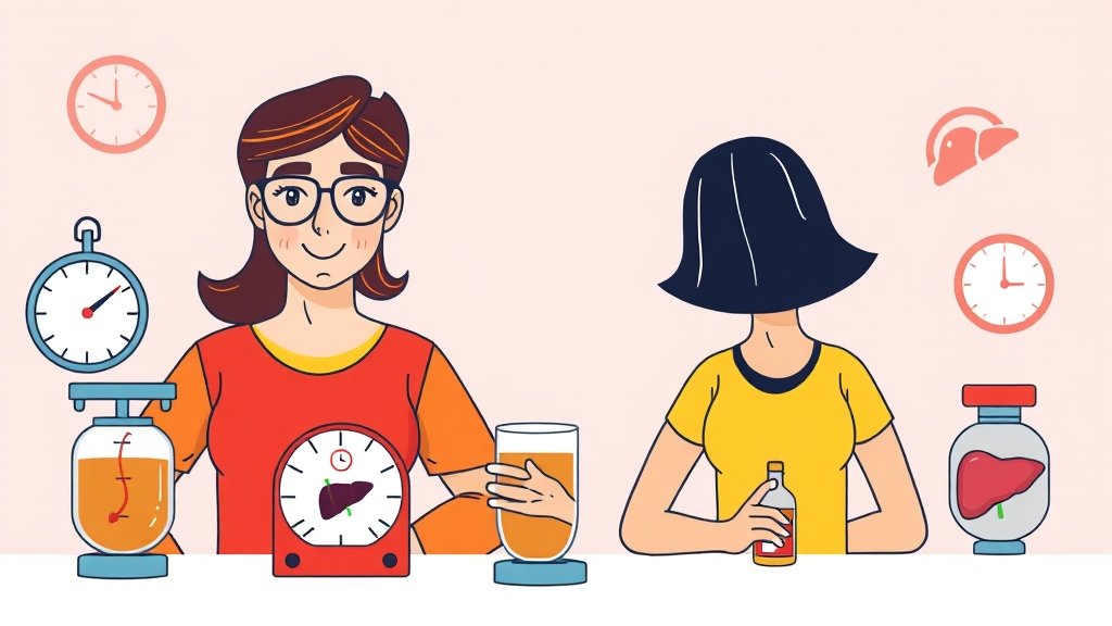 술 종류별 알코올 분해 시간 총정리: 성별, 체중, 음주운전 기준까지 6 알코올 해독 속도 영향 요인 (cartoon 스타일)