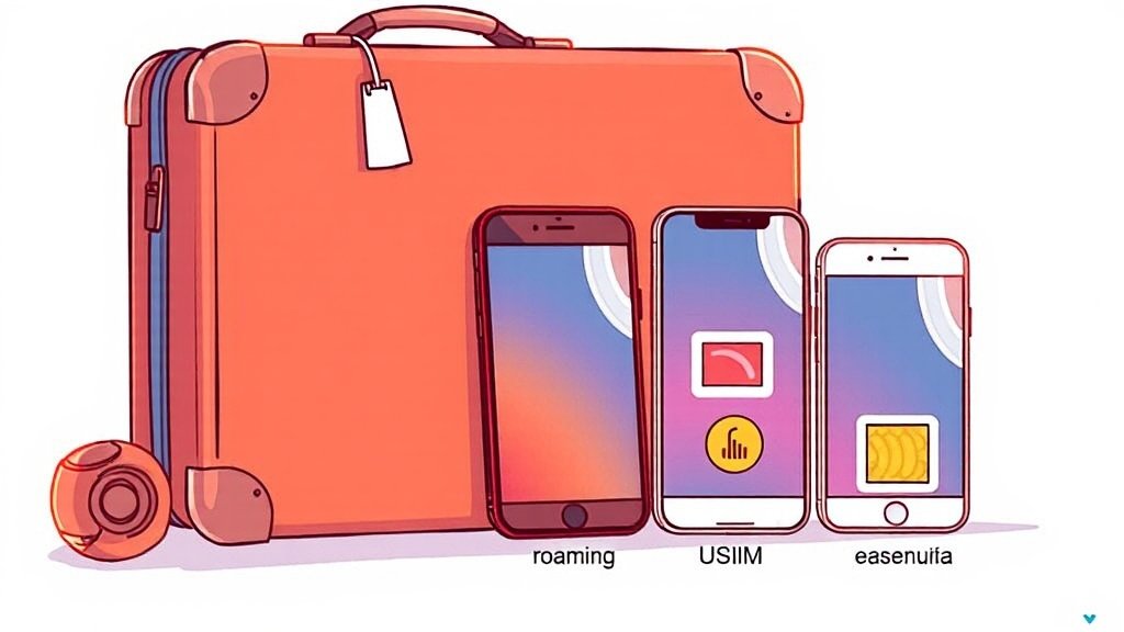 LG유플러스 해외로밍 완벽 가이드: 요금제, 혜택, 가입 방법 & 꿀팁 2 해외로밍 vs 유심/eSIM 비교 (illustration 스타일)