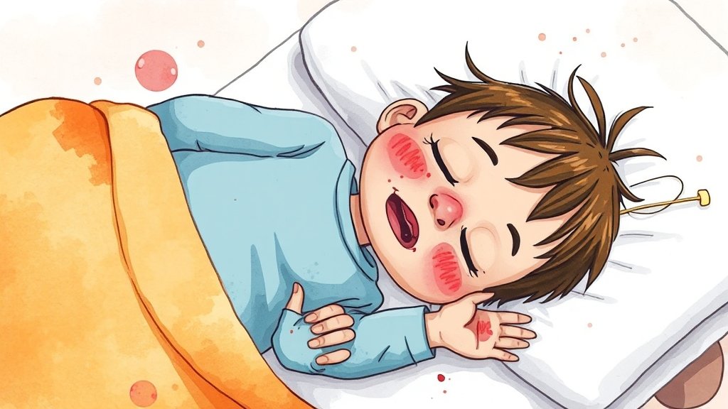 수족구 A to Z: 초기 증상부터 격리, 음식, 합병증 예방까지! 3 증상 변화 및 진행 과정 (cartoon 스타일)