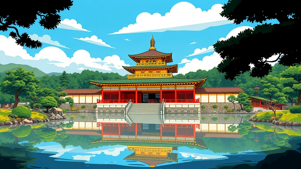 금각사: 금빛 정자의 매력 (cartoon 스타일)